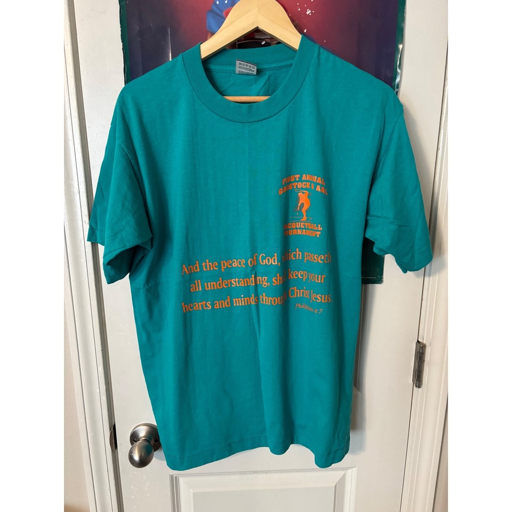 Vintage Best Fruit of the Loom Teal Godstock Racquetball T-Shirt Mens Large 90s